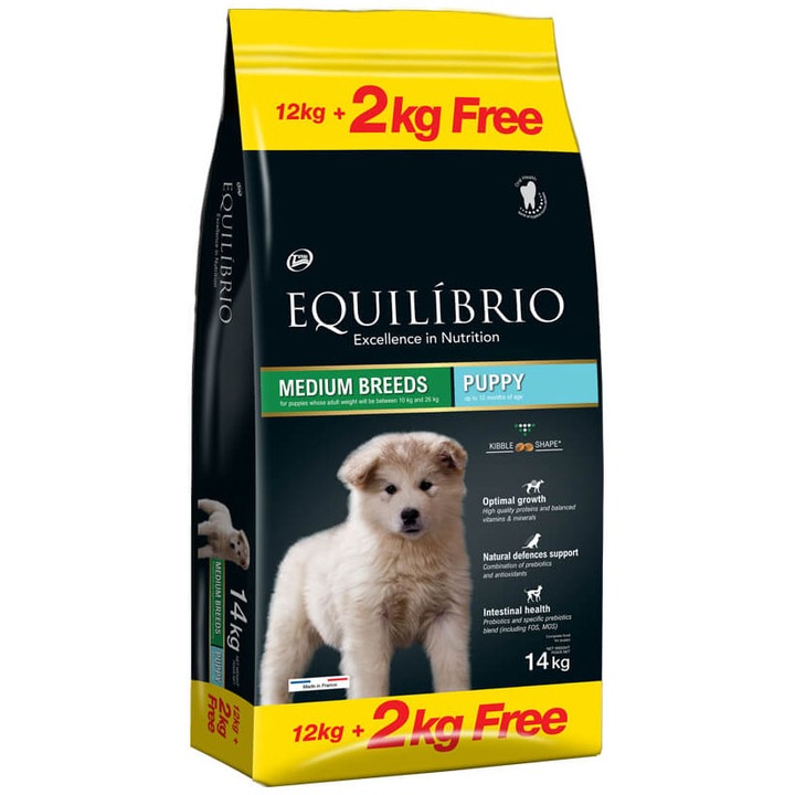 Hrana uscata pentru caini Equilibrio Junior, Talie Medie, 12 + 2kg