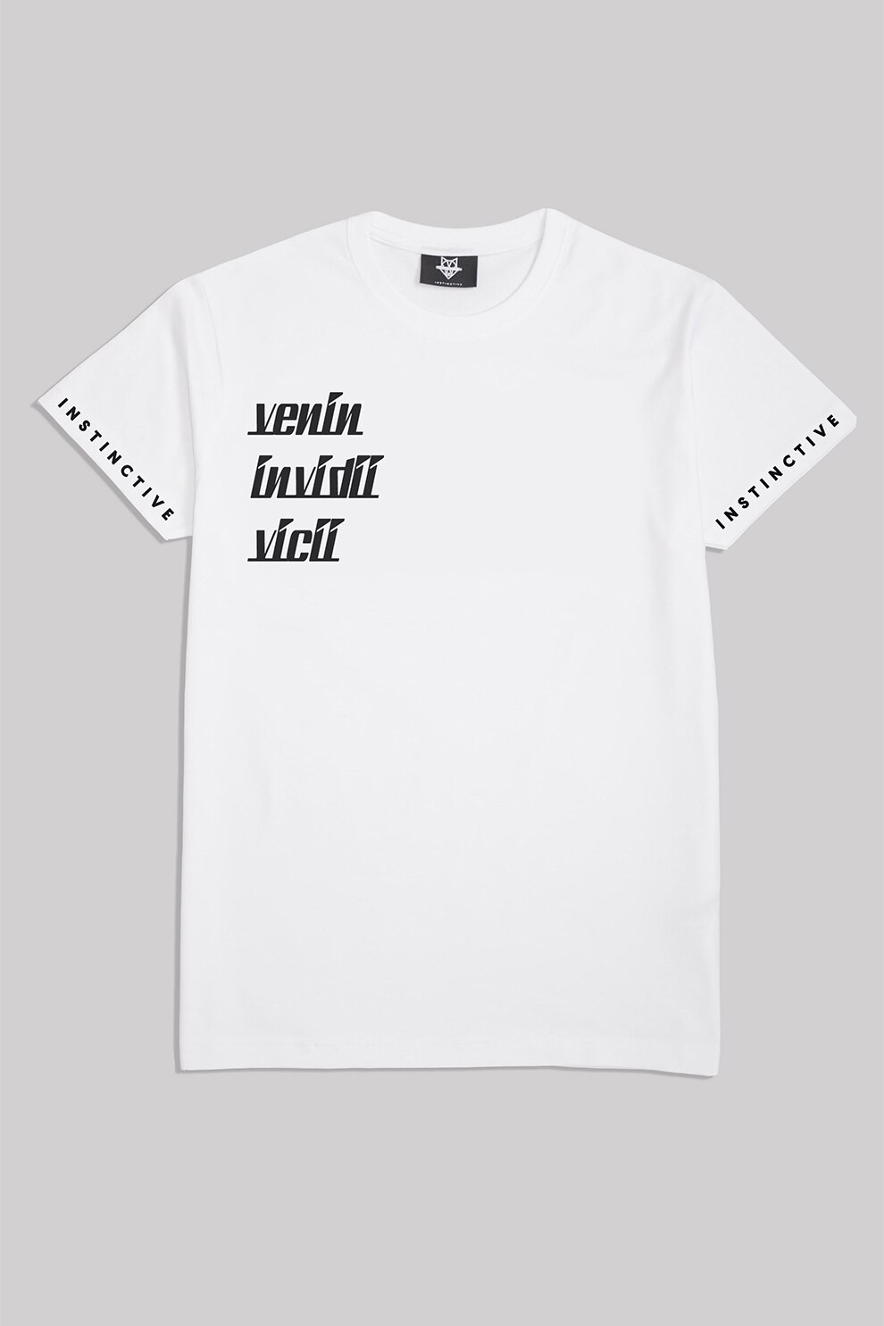 Instinctive, Tricou unisex cu imprimeu si decolteu la baza gatului, Alb optic/Negru
