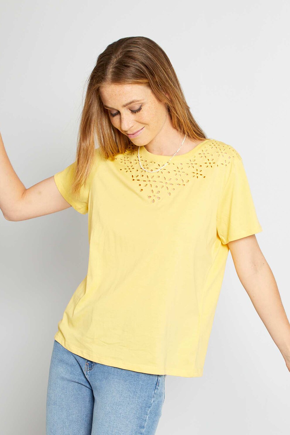 KIABI, Tricou de bumbac cu perforatii, Galben