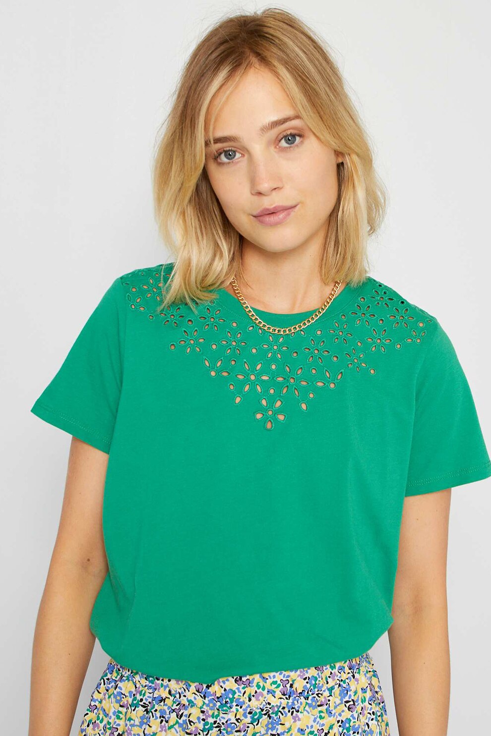 KIABI, Tricou de bumbac cu perforatii, Verde