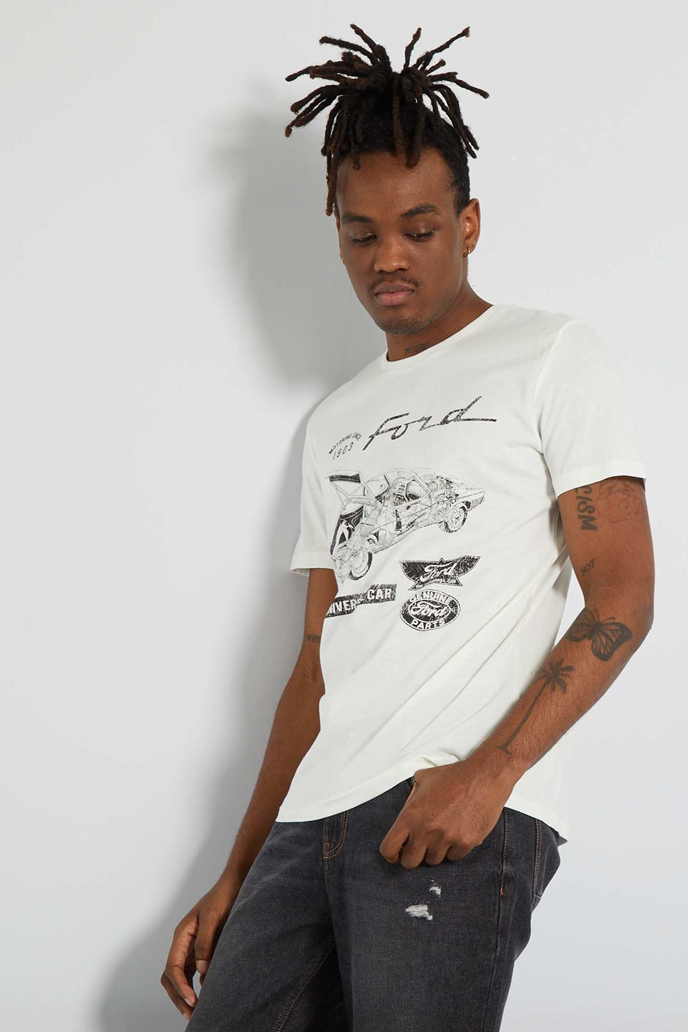 KIABI, Tricou de bumbac cu imprimeu grafic, Alb optic, gri inchis