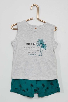 KIABI, Set de top cu imprimeu si pantaloni scurti, Gri melange/Albastru petrol/Negru KIABI, Set de top cu imprimeu si pantaloni scurti, Gri melange/Albastru petrol/Negru