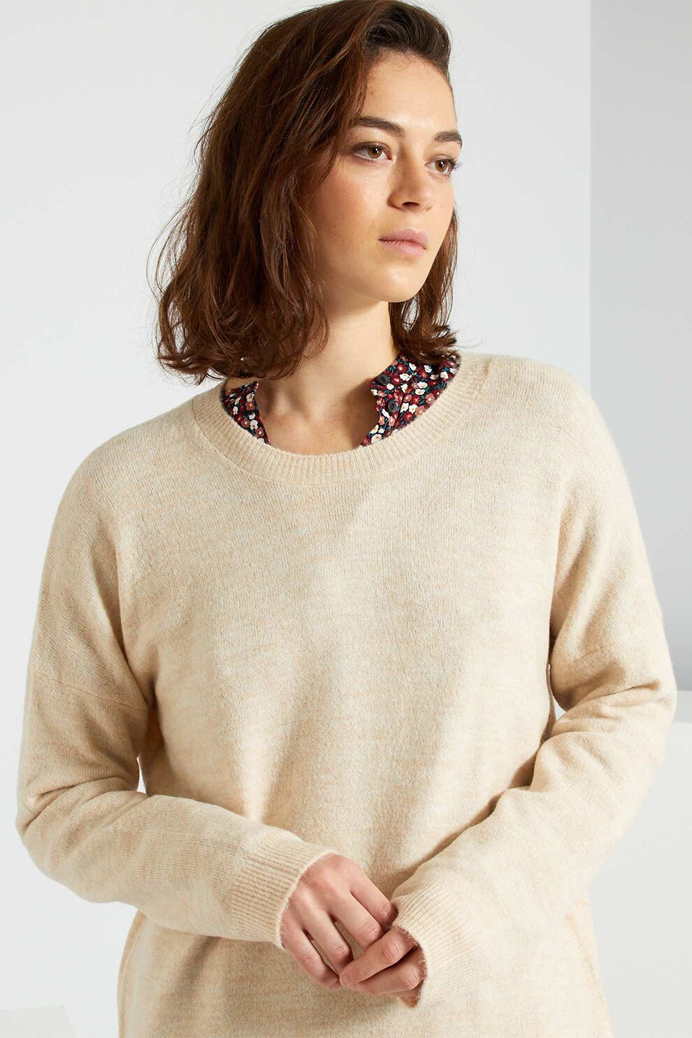 KIABI, Pulover tricotat fin cu maneci cazute, Bej