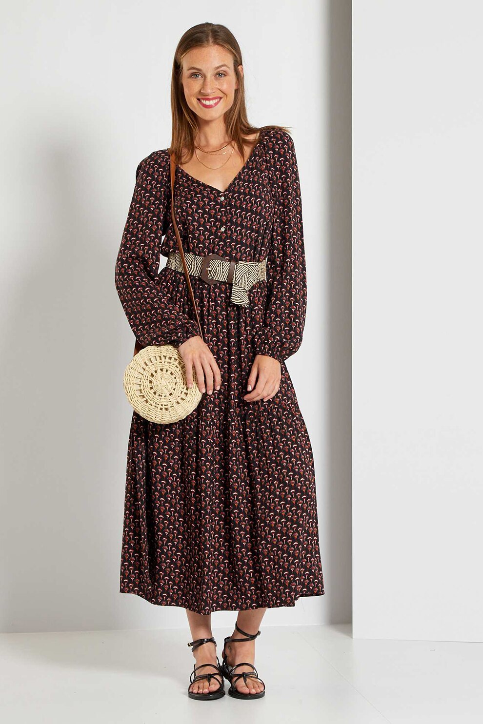 KIABI, Rochie lejera cu imprimeu, Negru/Bordeaux/Alb, XS