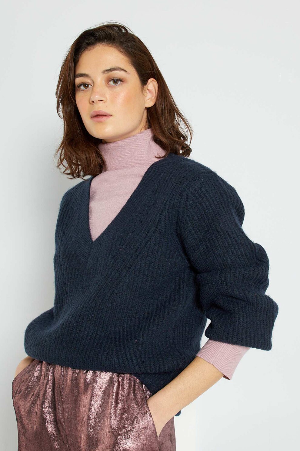 KIABI, Pulover cu decolteu in V si aspect striat, Bleumarin