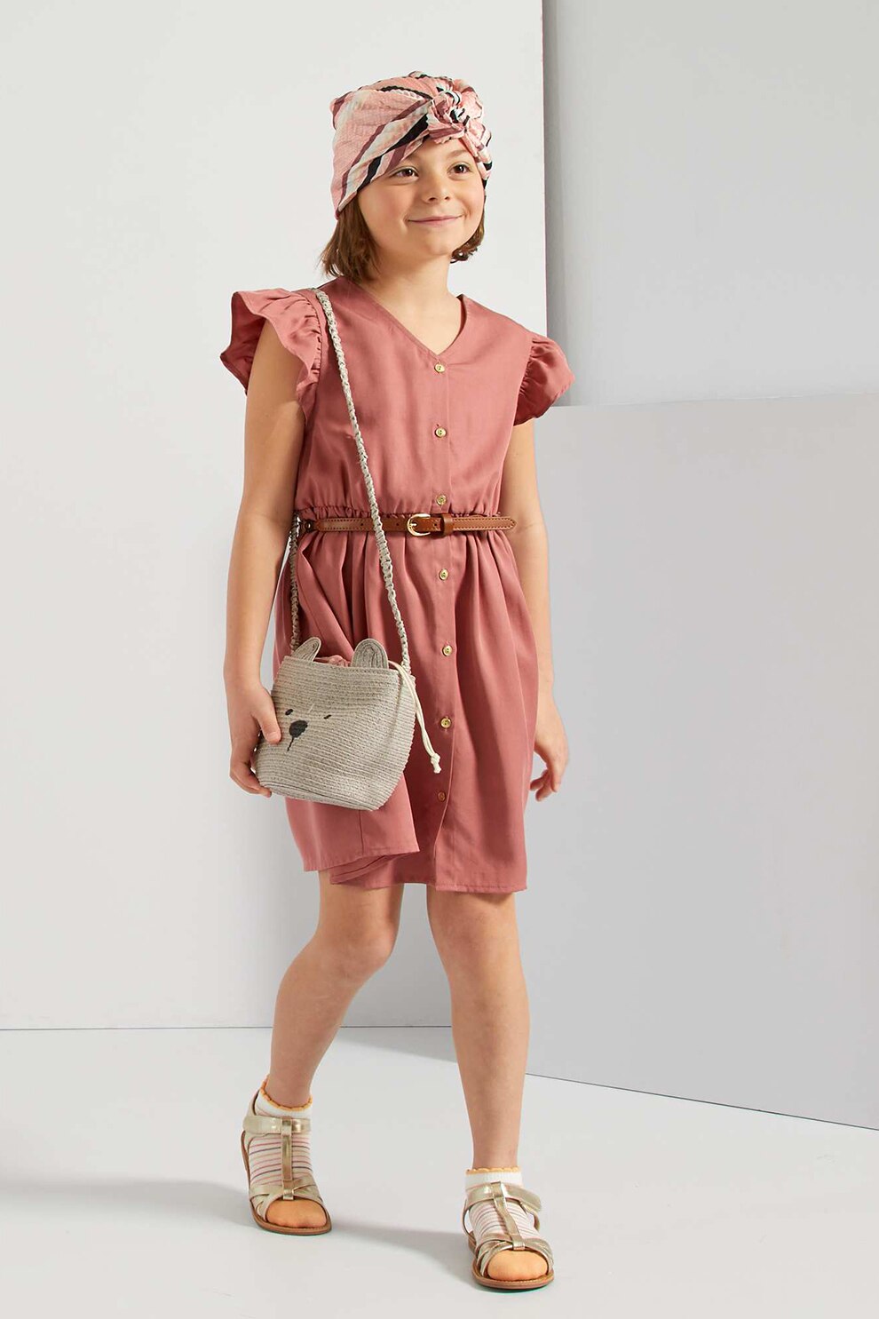 KIABI, Rochie evazata de lyocell cu decolteu in V si maneci cu volane, Rosu stins