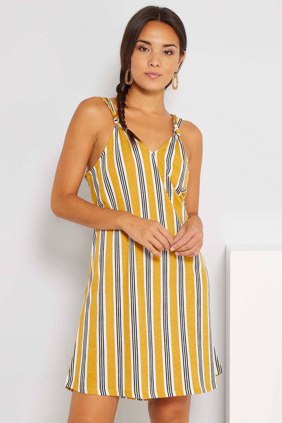 KIABI, Rochie lejera fara maneci, Galben sofran/Alb/Negru