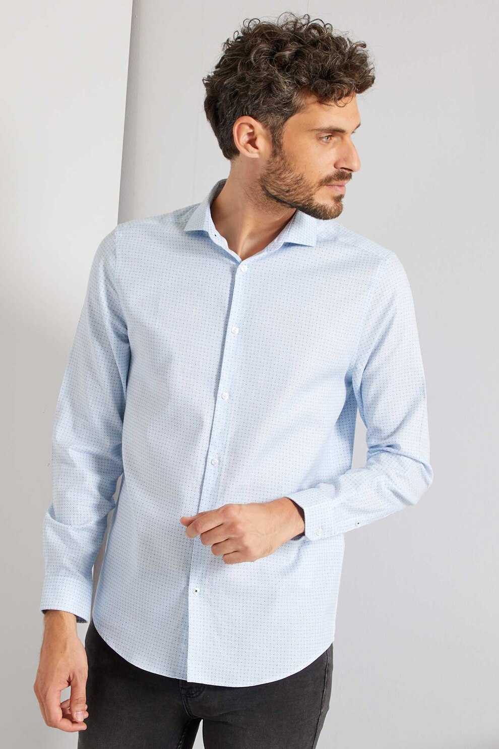 KIABI, Camasa cu maneci lungi si model in carouri, Albastru deschis/Alb/Negru