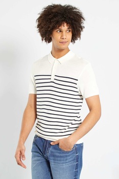 KIABI, Tricou polo cu imprimeu in dungi, Alb optic/Negru KIABI, Tricou polo cu imprimeu in dungi, Alb optic/Negru
