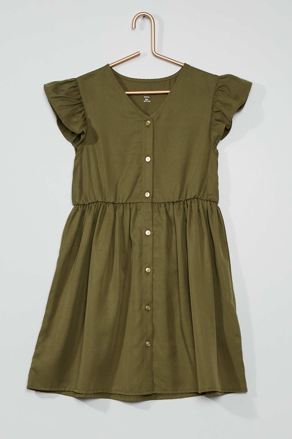 KIABI, Rochie evazata de lyocell cu decolteu in V si maneci cu volane, Verde inchis