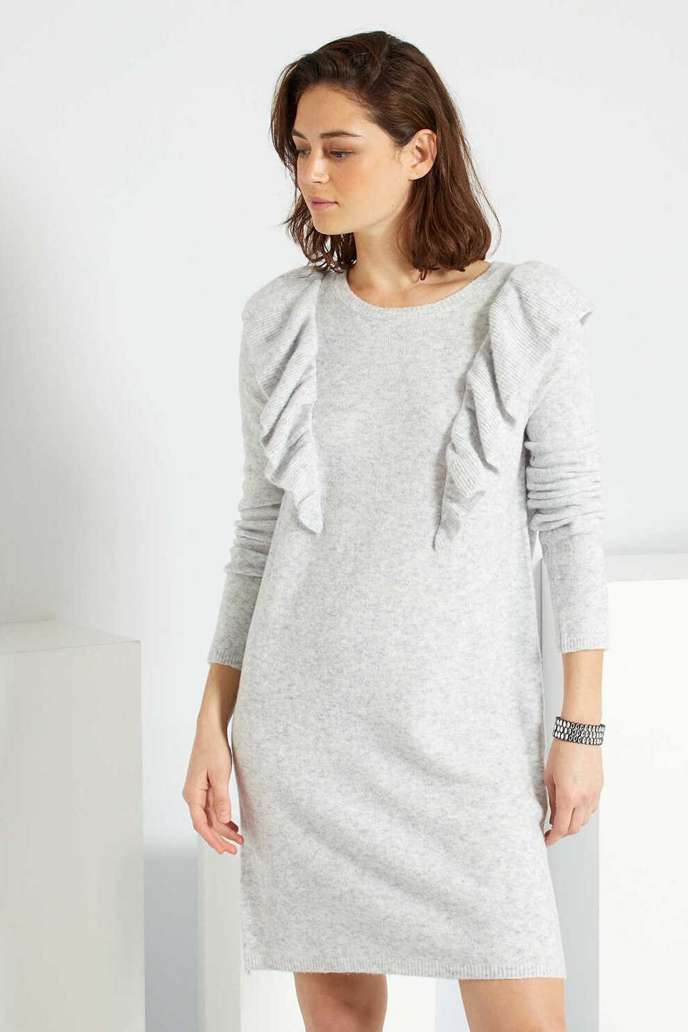 KIABI, Rochie scurta cu volane, Gri deschis melange