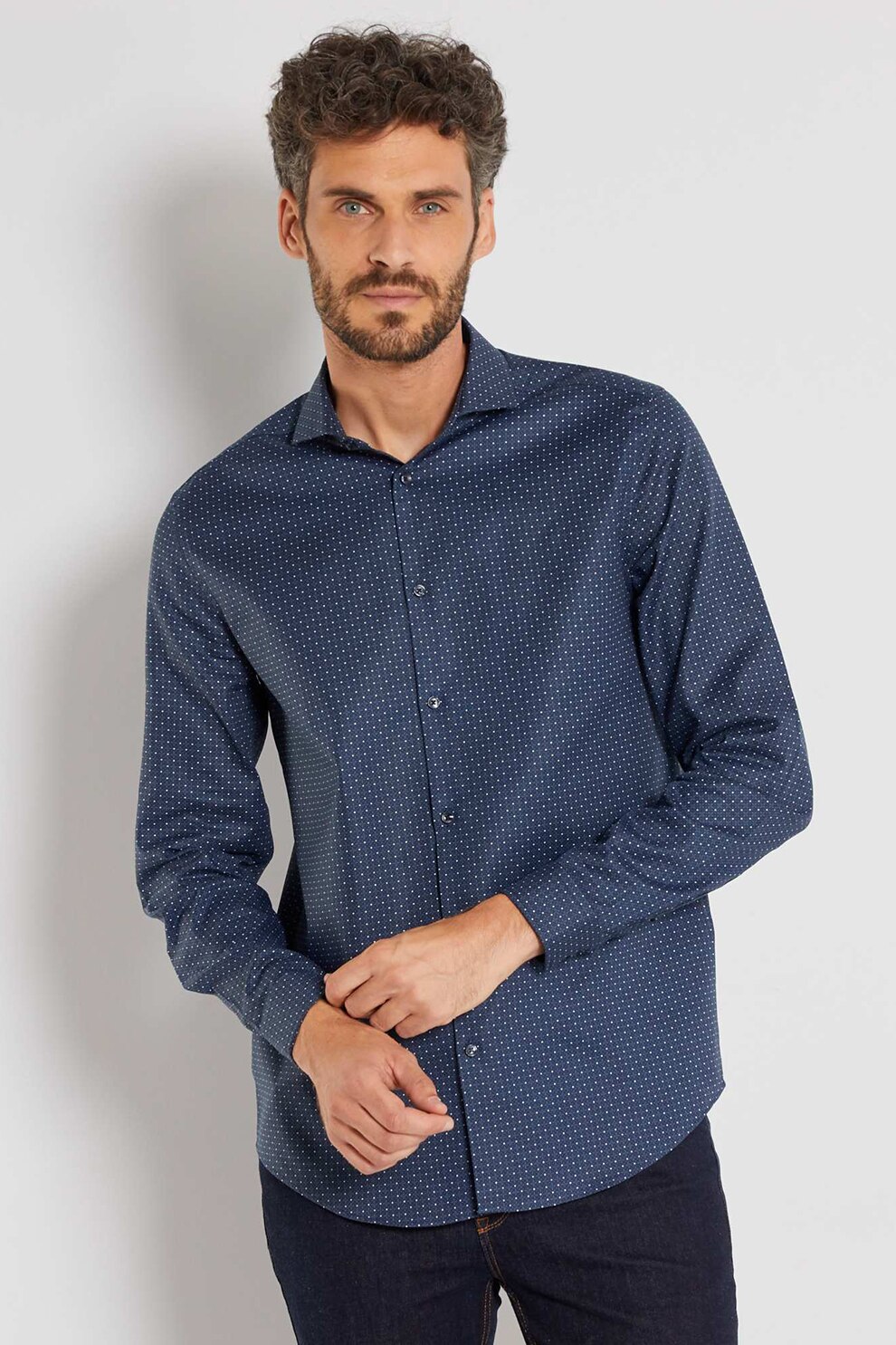 KIABI, Camasa cu maneci lungi si model in carouri, Bleumarin/Alb