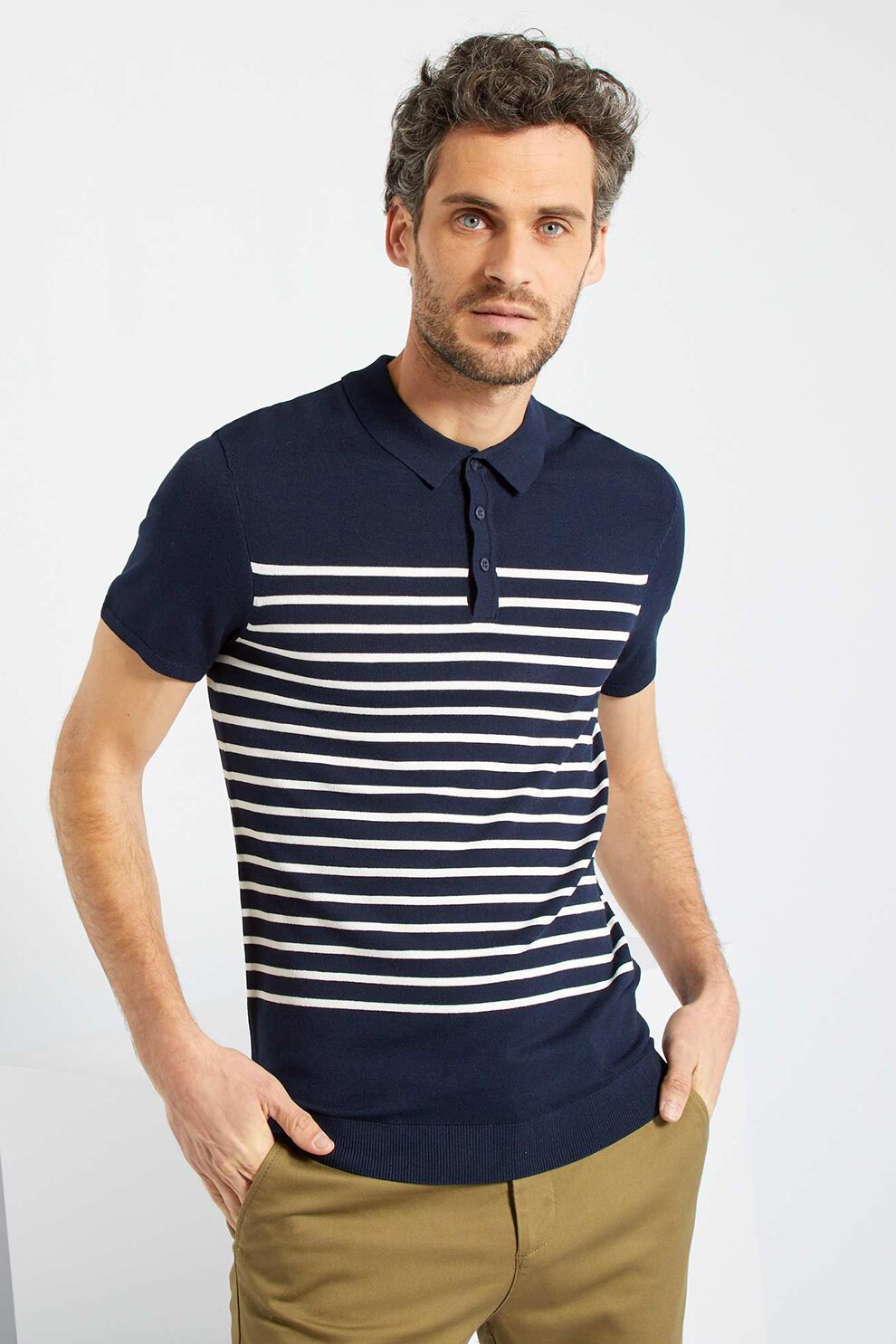 KIABI, Tricou polo cu imprimeu in dungi, Bleumarin/Alb