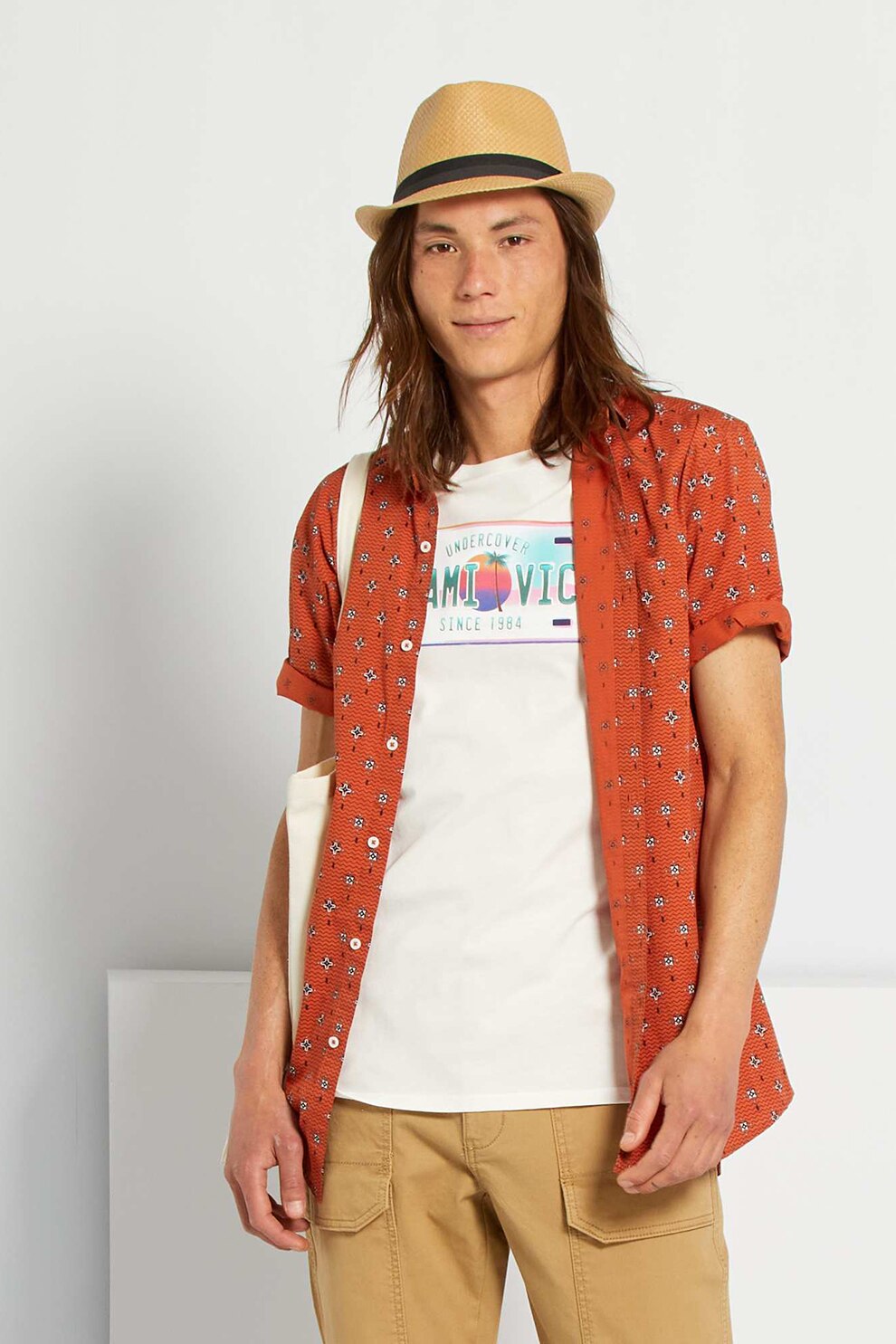 KIABI, Camasa cu imprimeu de bumbac si buzunar pe piept, Oranj/Negru/Alb, S