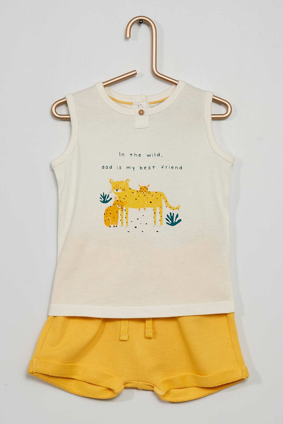 KIABI, Set de top cu imprimeu si pantaloni scurti, Alb/Galben