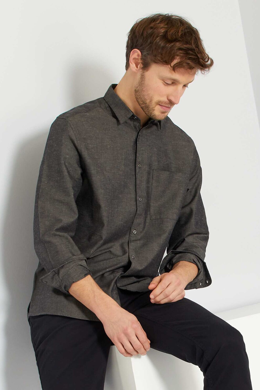 KIABI, Camasa regular fit din amestec de in cu buzunar pe piept, Gri inchis