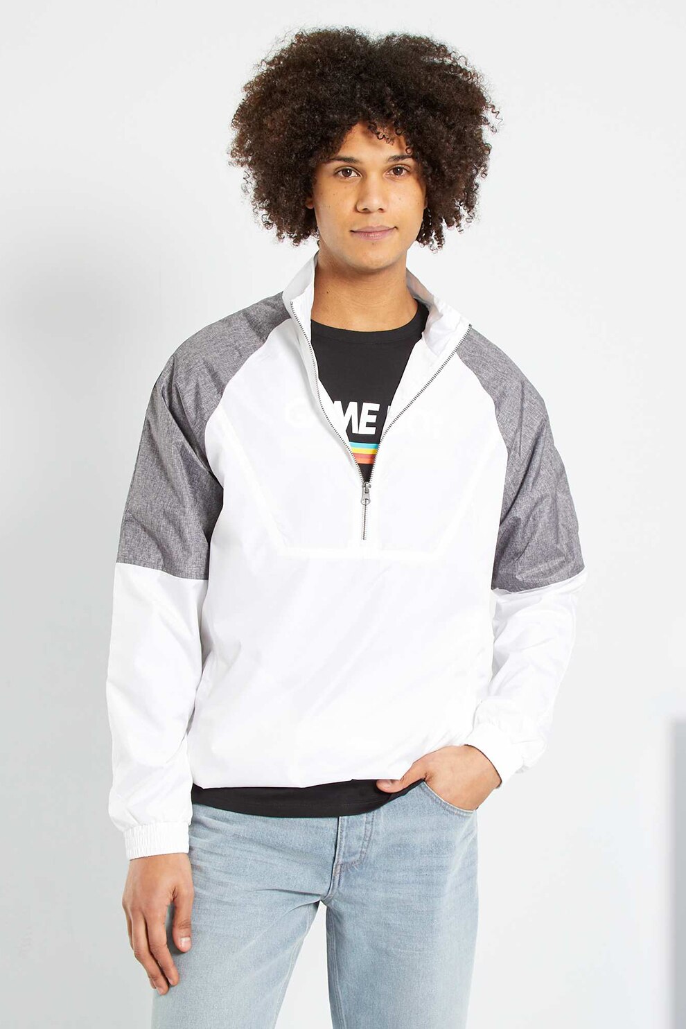 KIABI, Jacheta cu fenta scurta cu fermoar si maneci raglan, fara inchidere, Alb/Gri, L