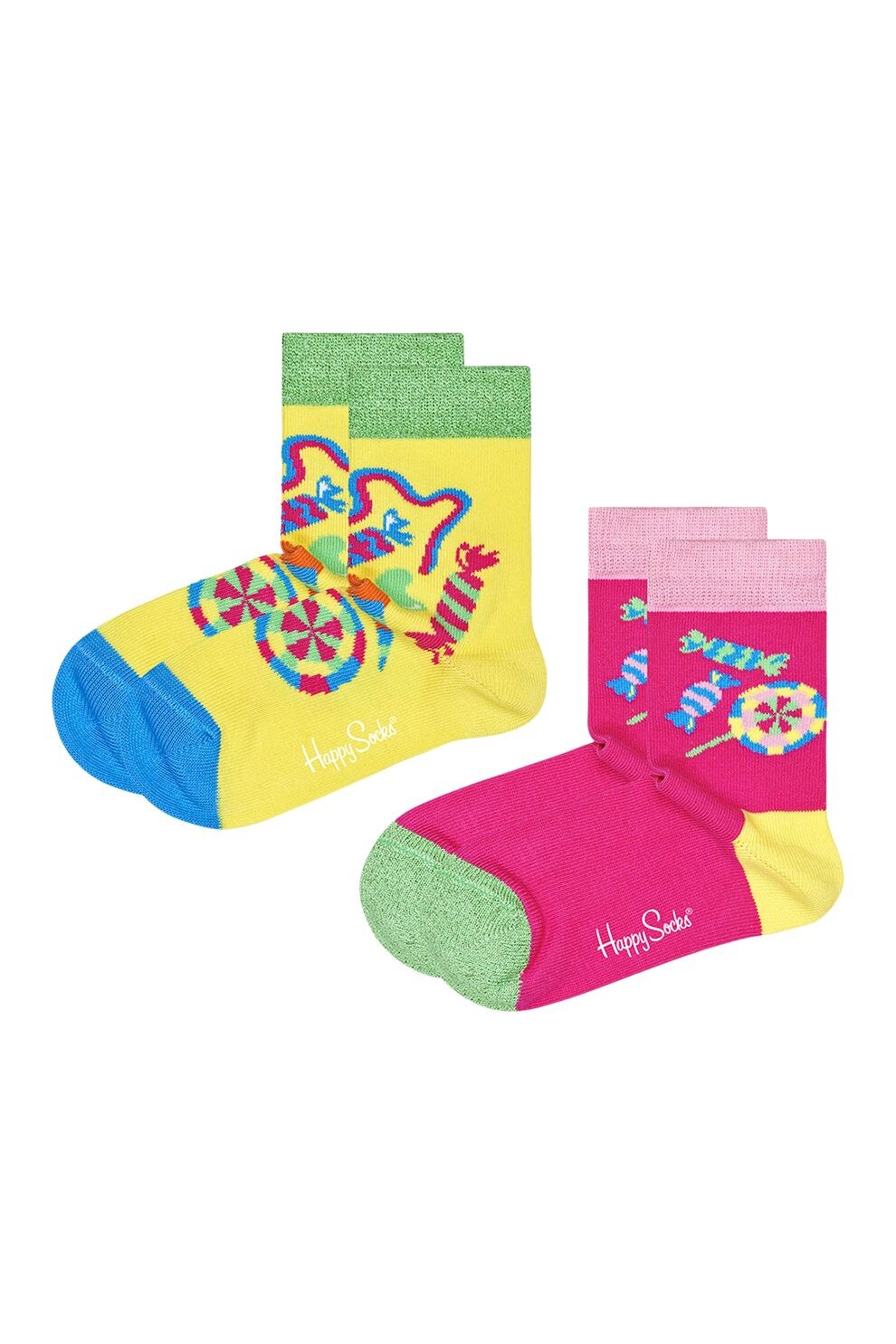 Happy Socks, Set de sosete copii cu model cu bomboane, 2 perechi, Roz aprins/Galben, 13-21 EU