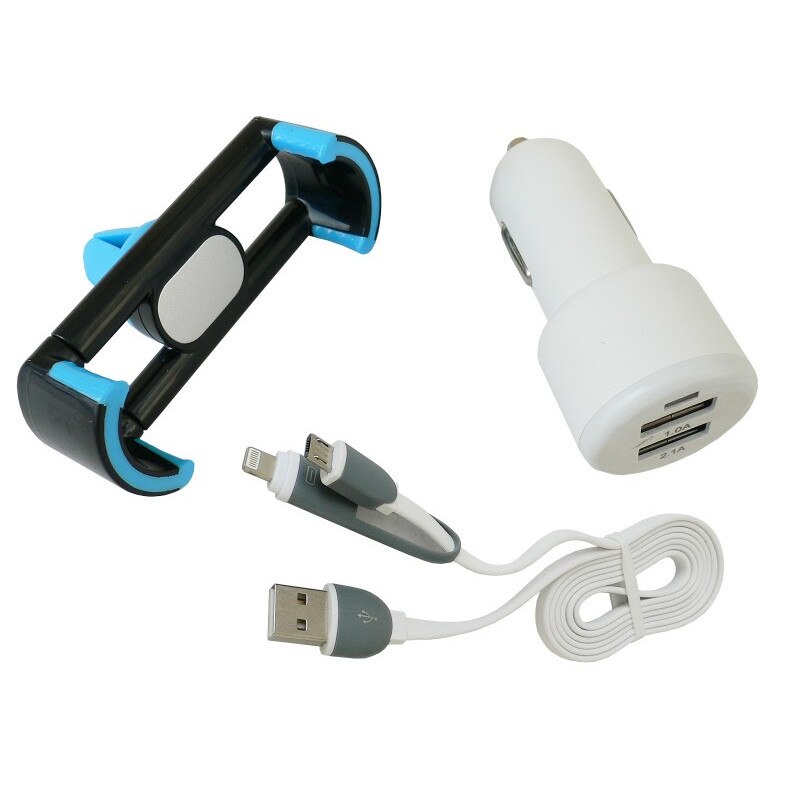 Incarcator auto 2xUSB, fir cu 2 mufe miniUSB si Iphone si suport telefon pentru grila