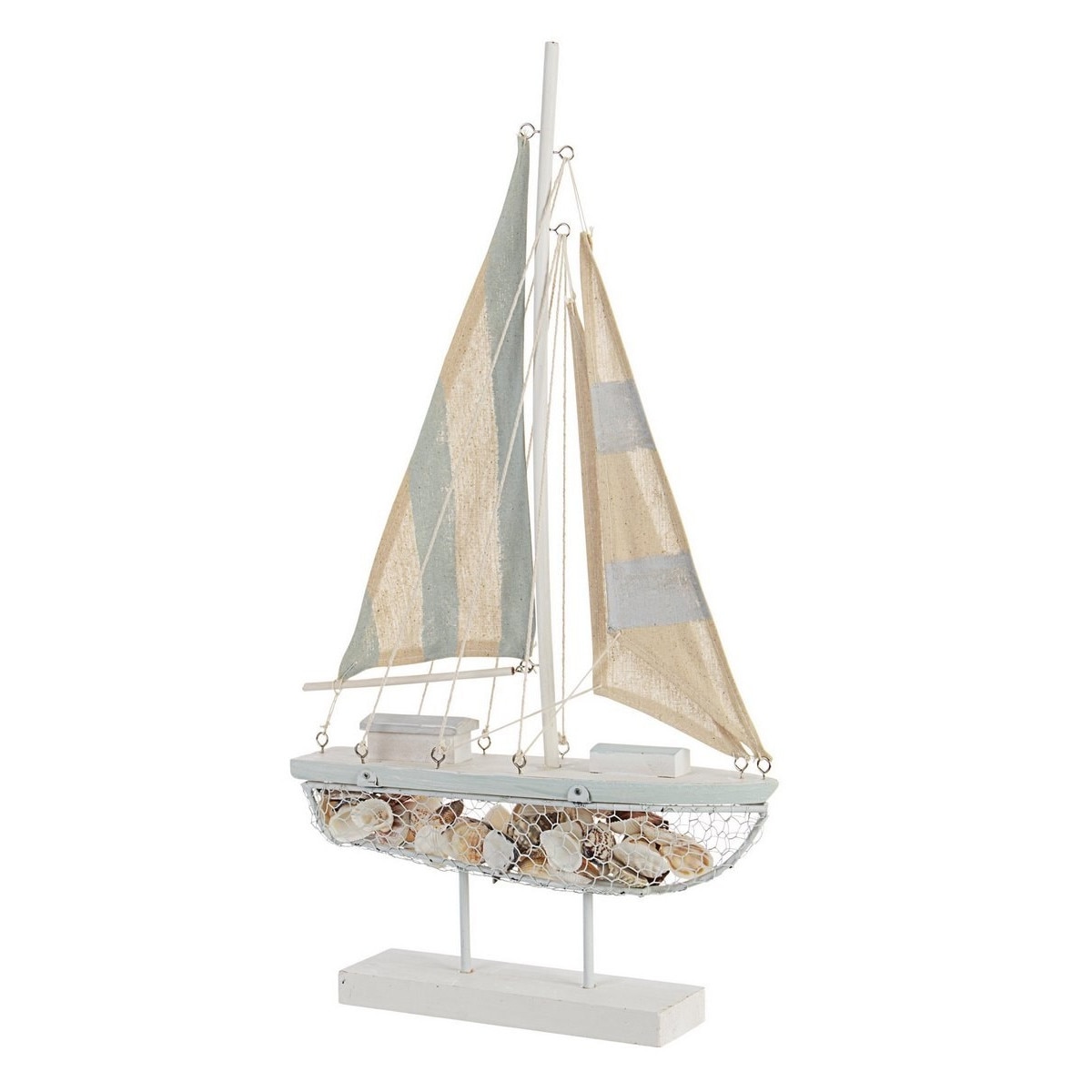 Barca decorativa lemn si textil albastru crem 35 cm x 8.5 cm x 63.5 h