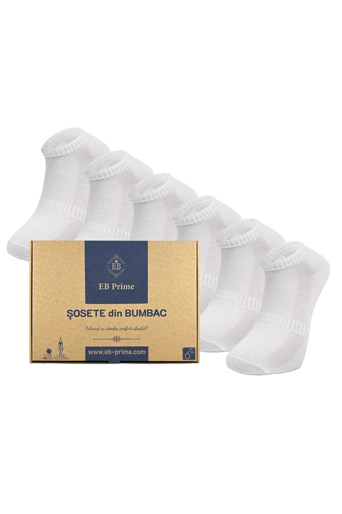 Set 6 perechi, Sosete Scurte din Bumbac Pieptanat, EB Prime, fara cusatura, respirabile si confortabile, Alb