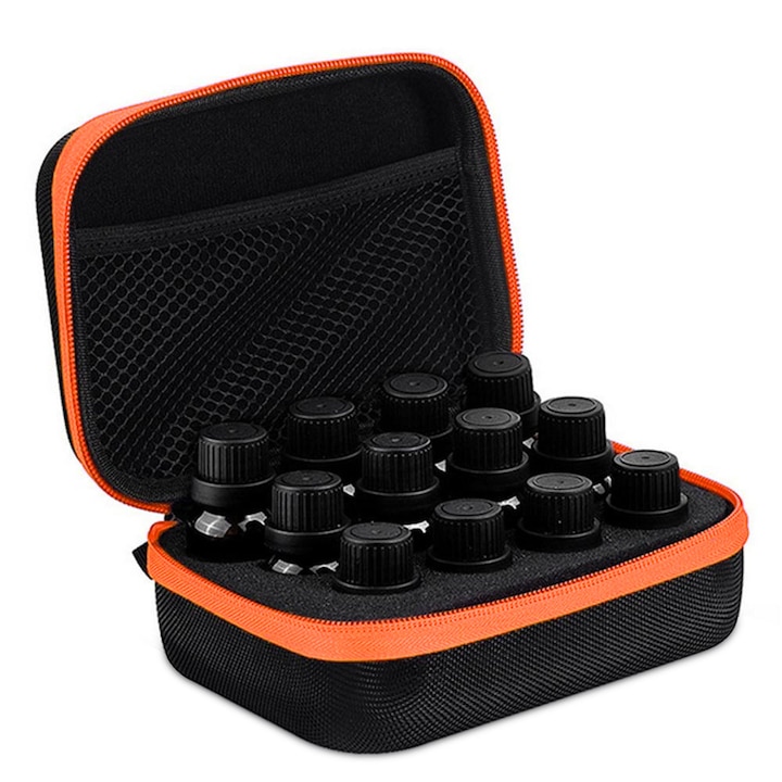 Zioda smart essentials Táska típusú rendszerező, 12 üveg illóolajhoz (5 ml, 10 ml, 15 ml), narancssárga cipzárral
