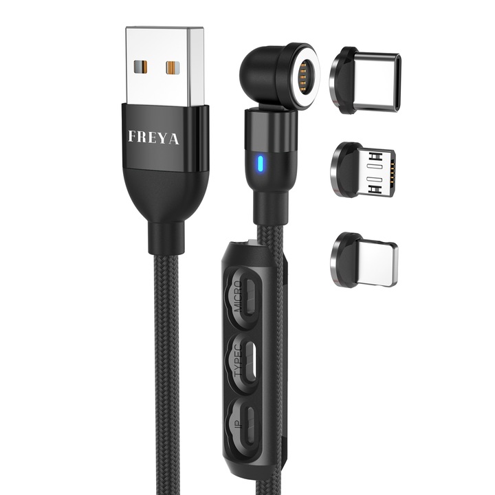 Cablu de date si incarcare rapida magnetic 540, A17-1M-BLK, 3in1 Compatibil cu USB-C, Micro-USB, Lightning, Freya 3.0 A, 1M Led, Fast Charge, Negru