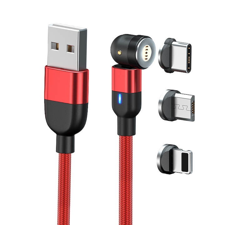 OEM A17-1M-RED 540 3 az 1-ben mágneses gyorstöltő és adatkábel, USB-C, Micro-USB, Lightning, Freya 3.0 A, 1M Led, gyorstöltés, piros
