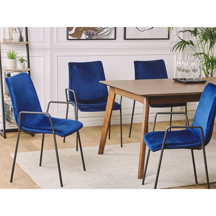 2 Étkezőszék Szettben Sötétkék Bársony Karfákkal Rakásolható Ebédlő Iroda Konferenciaterem