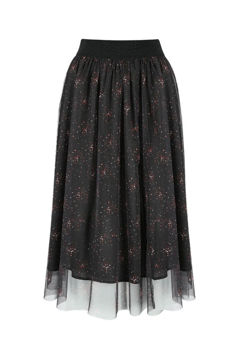 Fusta midi G-Nela, Imprimeu cosmic, Poliester, Negru