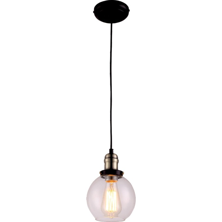 Lampa suspendata, Kaja, Seria Samanta K-8036D-1, 1xE27, Pentru interioarele moderne, vintage si industriale, Negru + Sticla