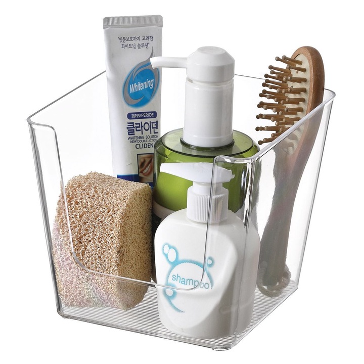 Akril fürdőszobai állvány, átlátszó, mérete 16,4x16,4x14,5 cm