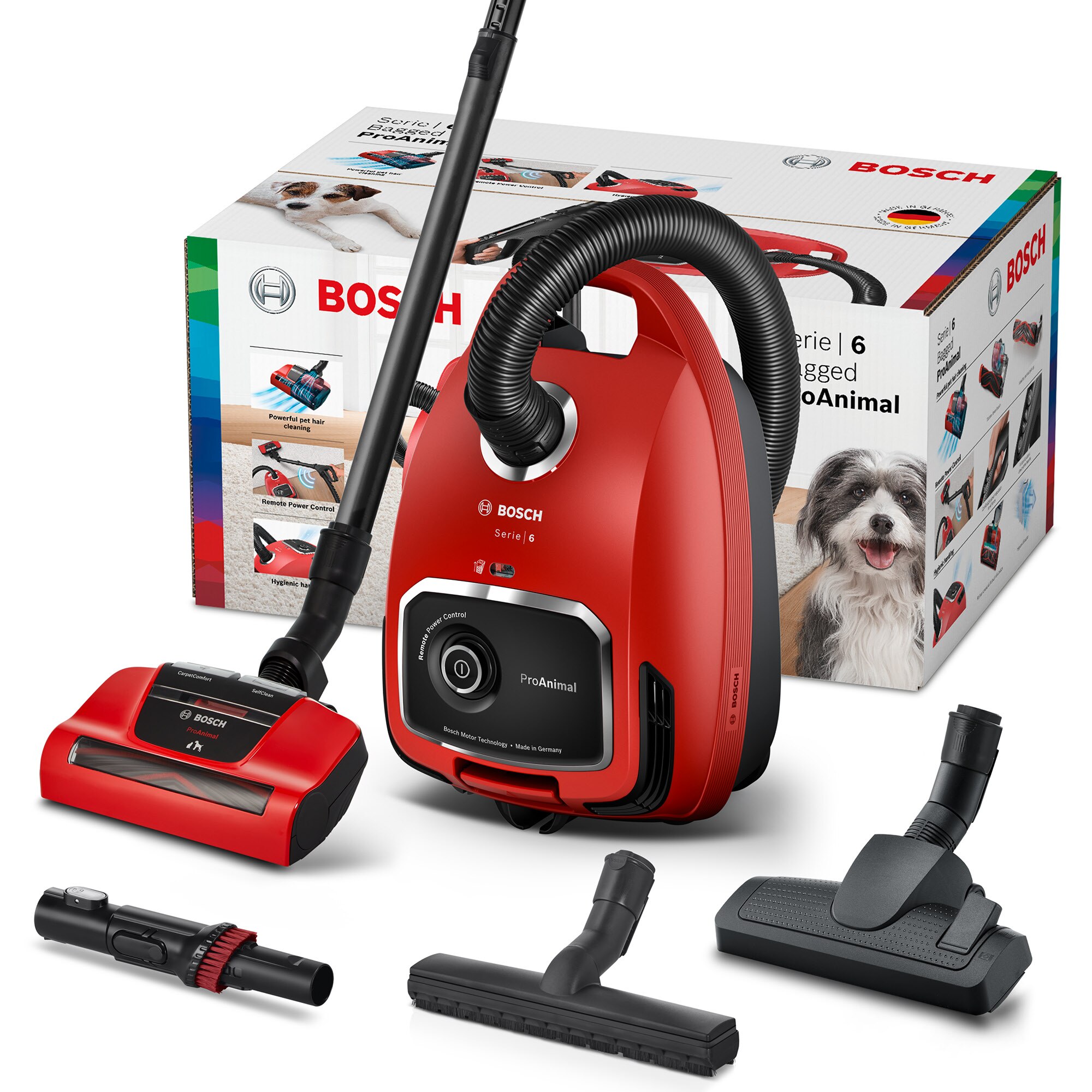 Aspirator cu sac Bosch Pro Animal BGL6PET1, capacitate sac 4 L, sistem Remote Power Control,Perie Air Turbo PLUS, 700 W, fabricat in Germania, Rosu
