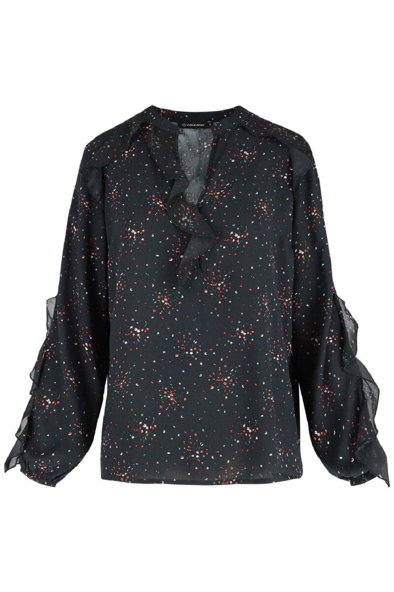 Bluza dama cu maneca lunga, Volcano, K-Floy, Imprimeu cosmic, Viscoza, Negru