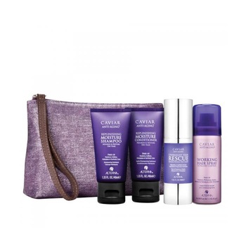 Set pentru par Alterna Caviar Anti-Aging Transformation, Sampon 40ml, Balsam 40ml, Tratament 30ml, Fixativ 43gr, Geanta cosmetice Set pentru par Alterna Caviar Anti-Aging Transformation, Sampon 40ml, Balsam 40ml, Tratament 30ml, Fixativ 43gr, Geanta cosmetice