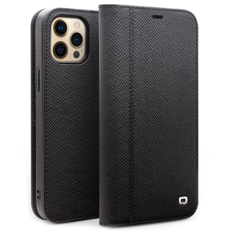 Husa pentru iPhone 12 Pro Max, Qialino, multifunctionala 2 in 1 din piele naturala, tip carte + back cover, stand, culoare Negru