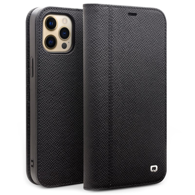 Husa pentru iPhone 12 Pro, iPhone 12, Qialino, multifunctionala 2 in 1 din piele naturala, tip carte + back cover, stand, culoare Negru