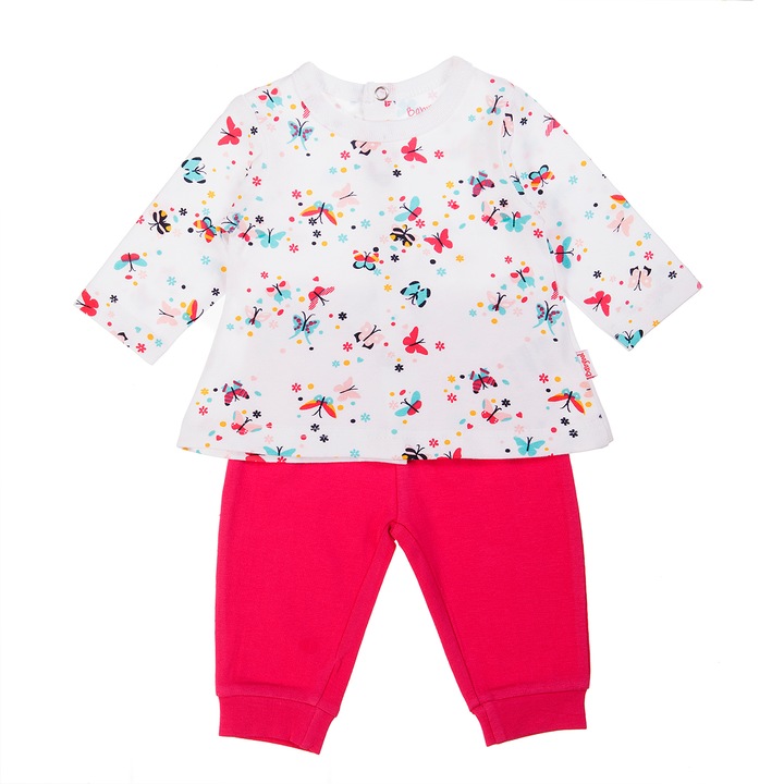 Costumas 2 piese fetite Babybol, bumbac, imprimeu fluturi, Alb/Roz