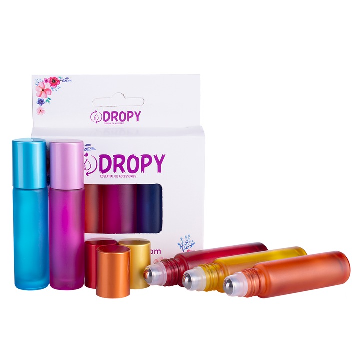 Комплект от 5 ролкови стъклени козметични контейнера 10 ml DROPY®, за етерични масла, дебело стъкло, различни цветове, модел ICE