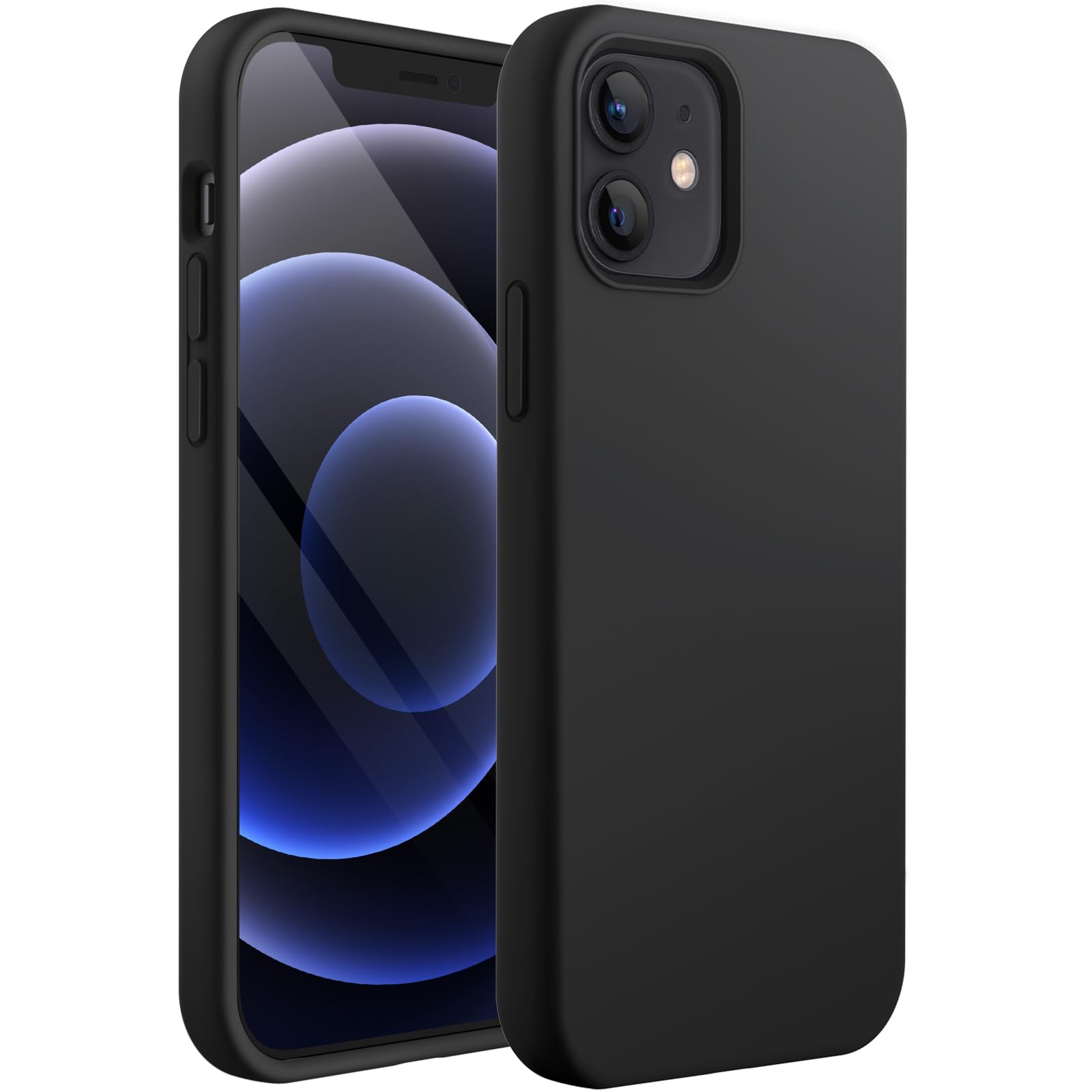 Pachet promo: Husa din silicon, compatibila cu Iphone 12, Negru Mat, Slim + Folie de protectie pentru iPhone 12/12 Pro, Ceramica, Full Face, Full Glue, Margini Negre, BzStore