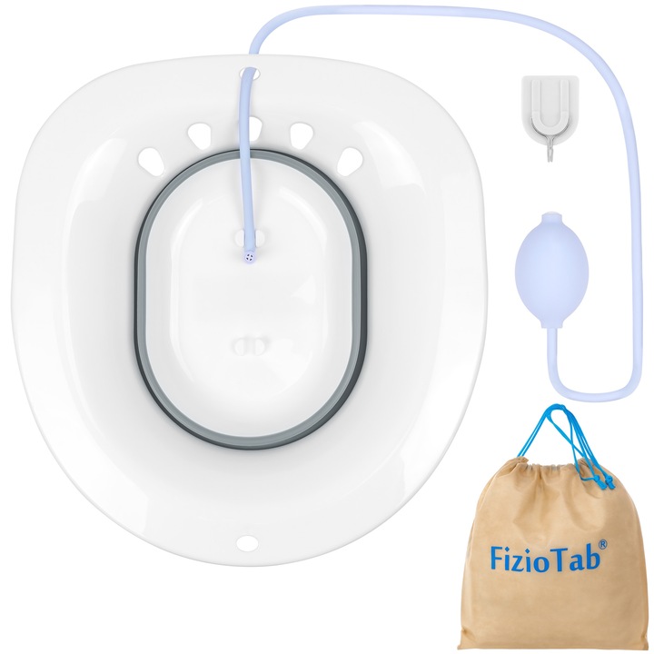 Vas FizioTab® Sitz Bath Pliabil, pentru Baie de Sezut, tip Lighean pentru Wc, Asigura Igiena Locala si Ameliorarea Simptomelor Provocate de Hemoroizi, Carlig si Saculet Depozitare Incluse, Alb/Gri cu Irigator Reglabil Albastru