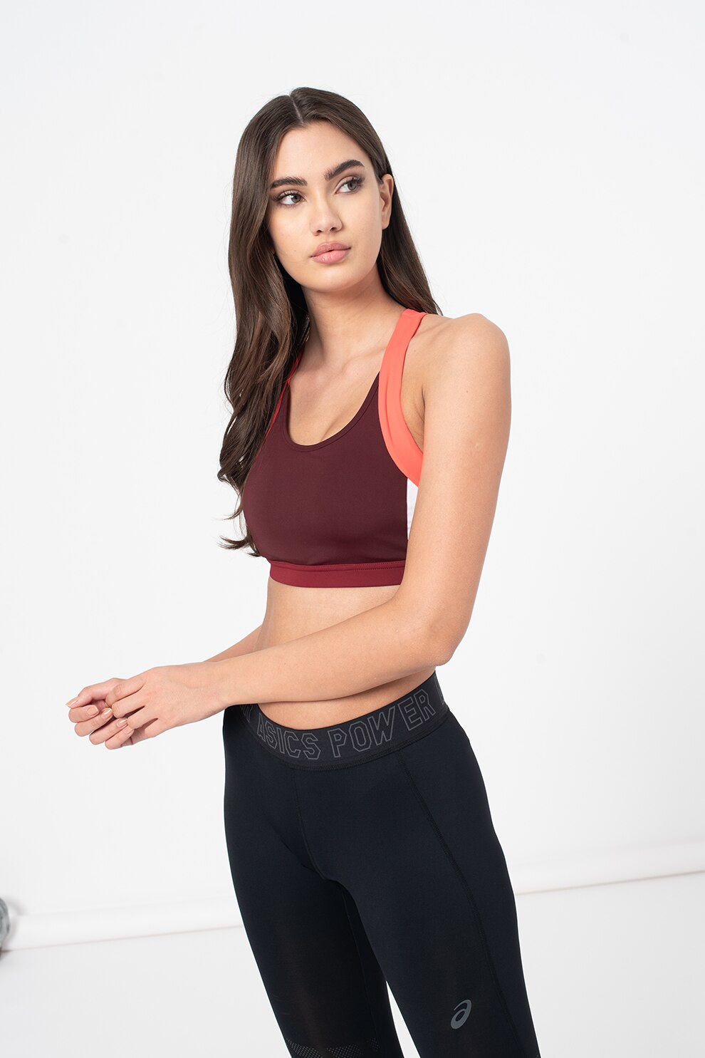 Asics, Bustiera cu model colorblock pentru fitness, Violet tyrian/alb/roz neon