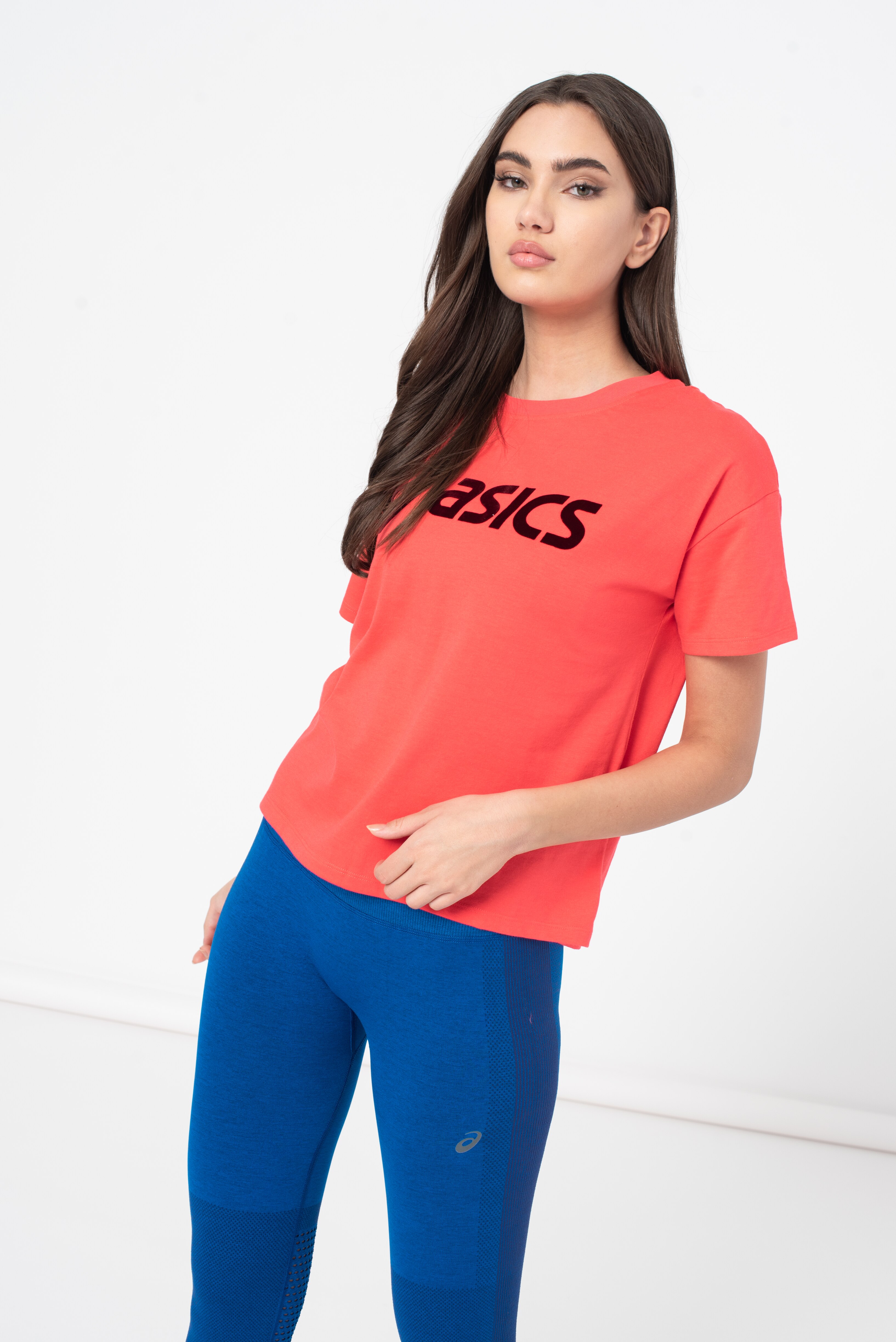 Asics, Tricou cu logo si maneci cazute pentru fitness, Corai/Negru