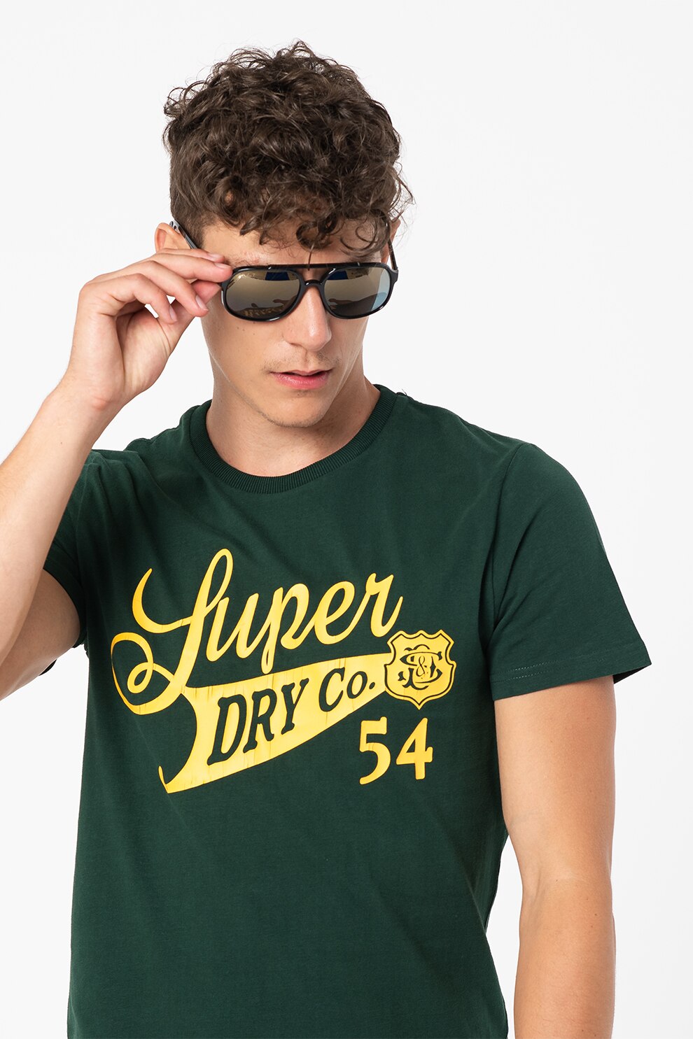 SUPERDRY, Tricou slim fit cu model grafic Collegiate, Verde englez/Galben