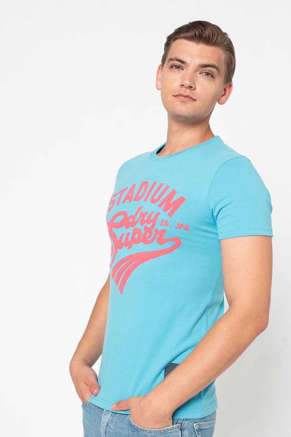 SUPERDRY, Tricou slim fit cu model grafic Collegiate, albastru aqua, roz
