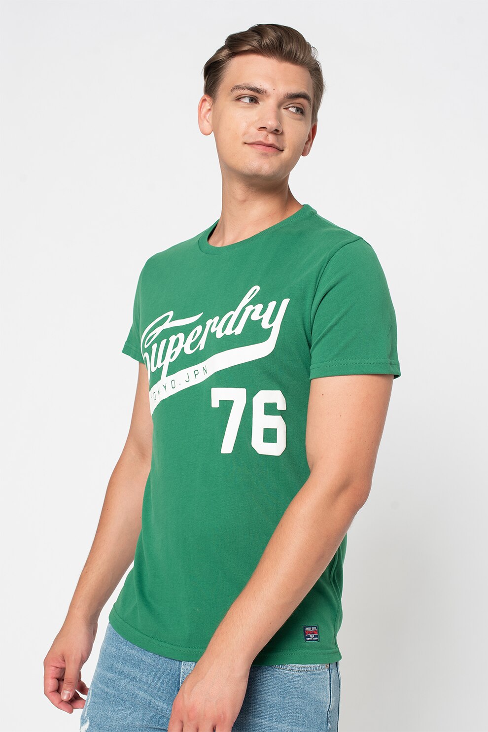 SUPERDRY, Tricou slim fit cu model grafic Collegiate, Verde/Alb
