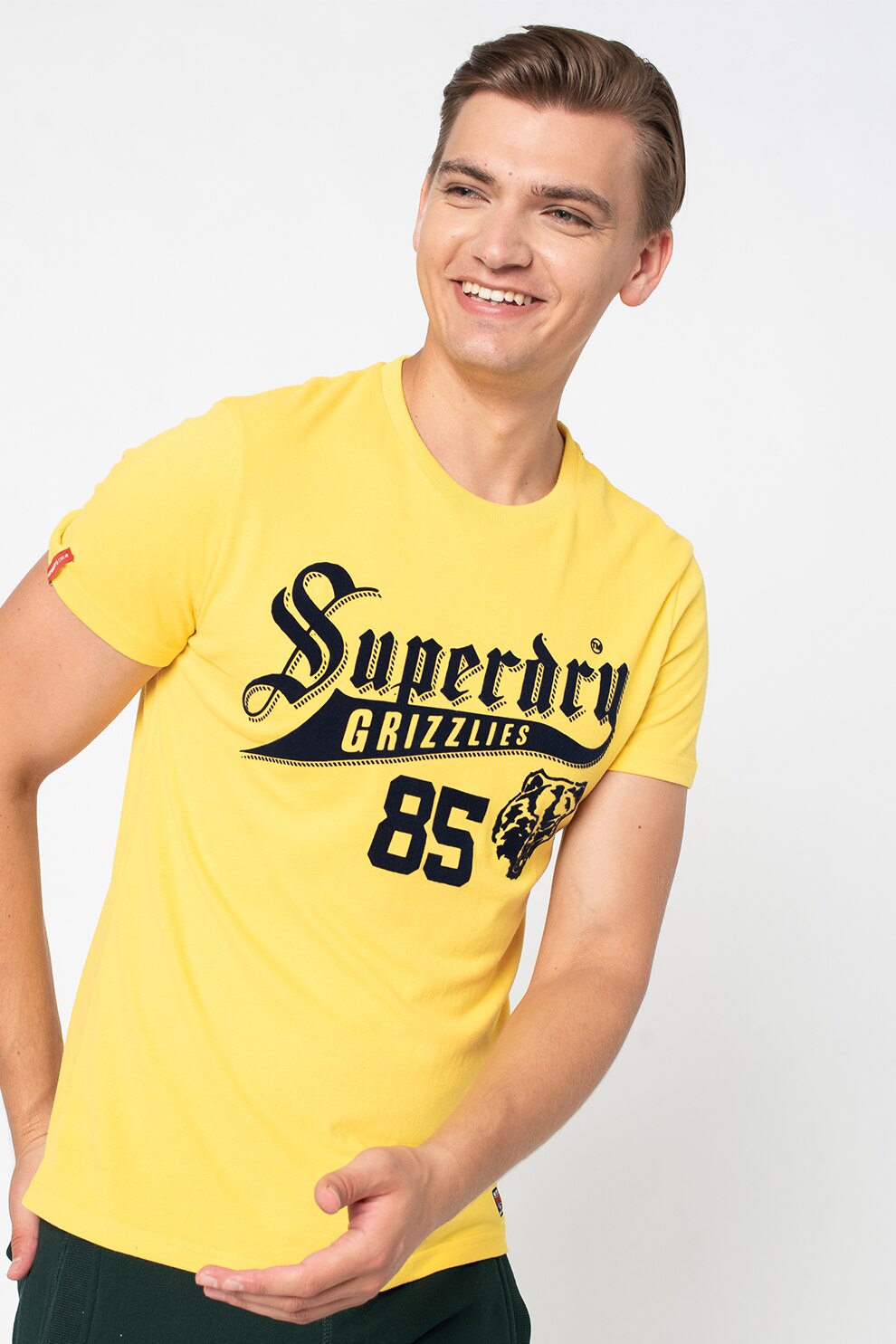 SUPERDRY, Tricou slim fit cu model grafic Collegiate, Galben/Bleumarin inchis