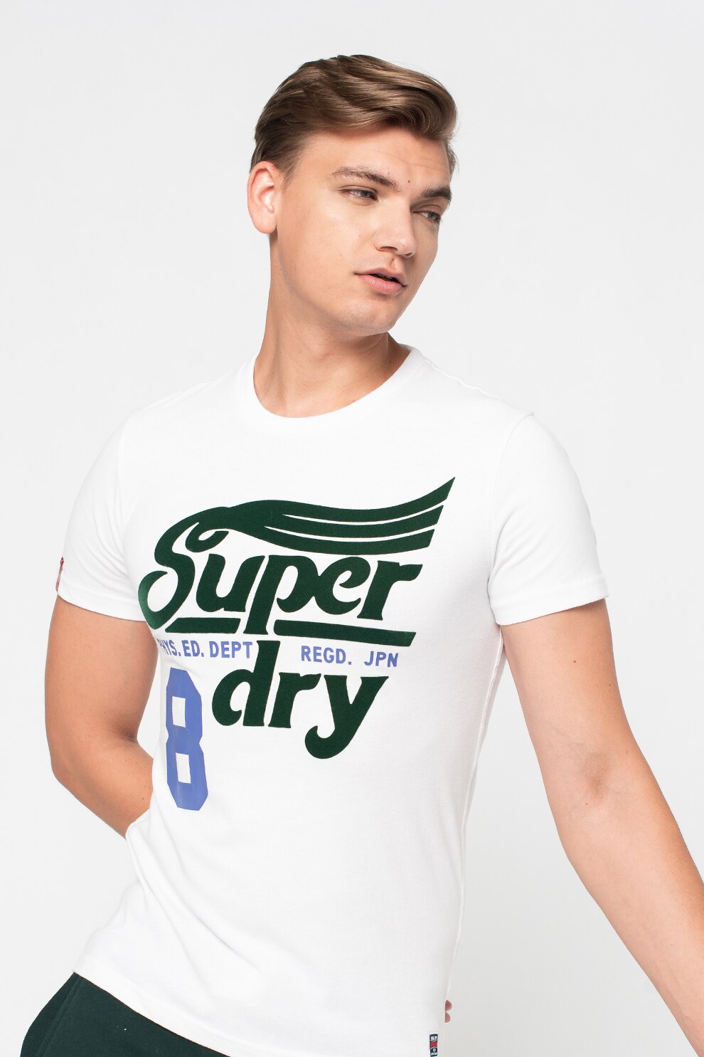 SUPERDRY, Tricou slim fit cu model grafic Collegiate, Alb/verde