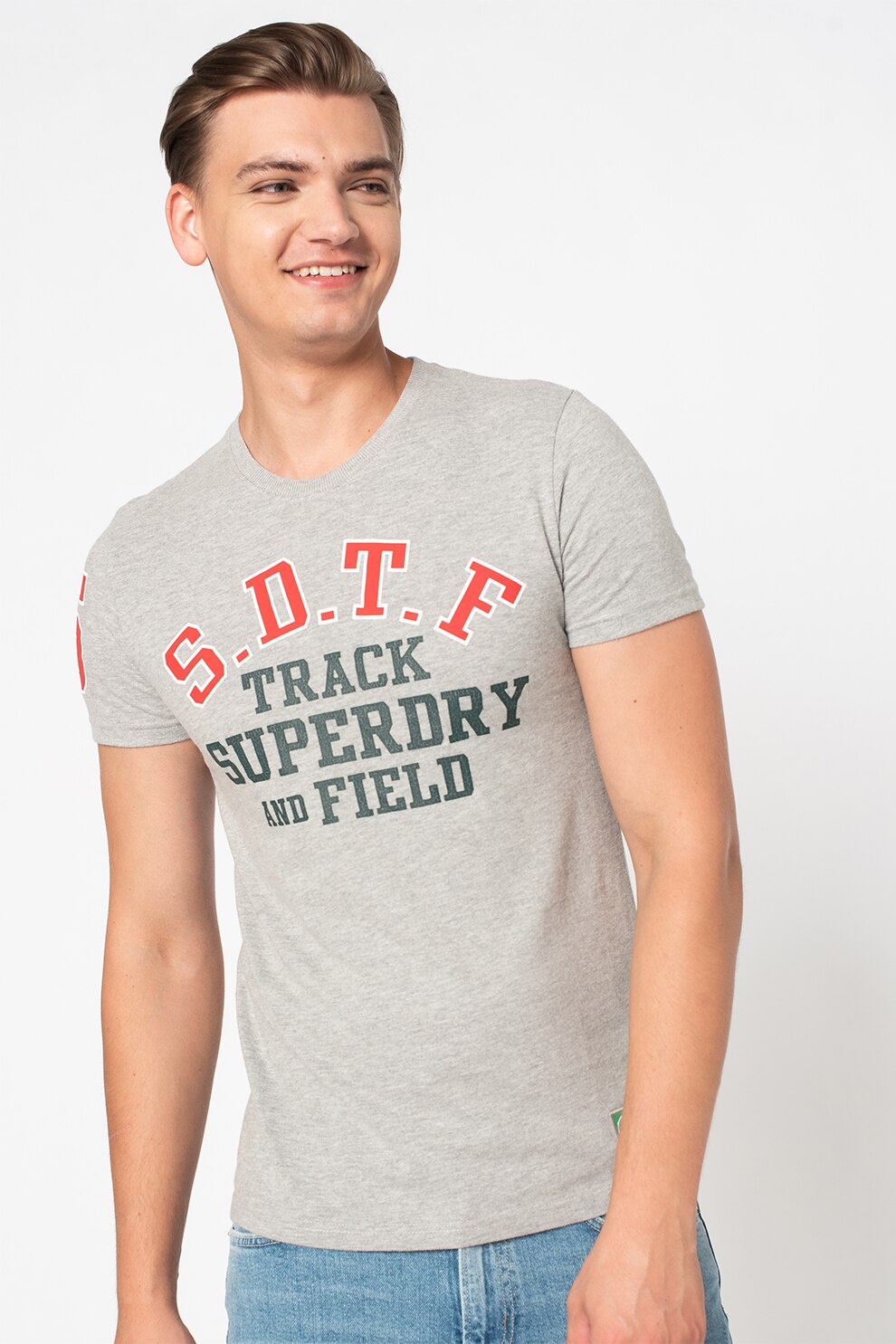 SUPERDRY, Tricou slim fit cu imprimeu Track&Field, gi melange, rosu, verde inchis