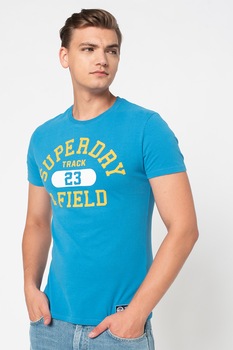 SUPERDRY, Tricou slim fit cu imprimeu Track&Field, Albastru/galben sofran/alb
